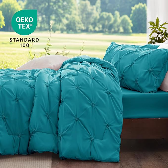 BEDELITE Teal Queen Comforter Set - 3 Pieces Boho Pintuck Bedding Comforter Sets, Lightweight Soft & Warm Bed Comforter Queen with 2 Pillowcases for All Season