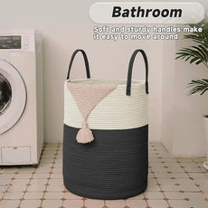 Large Woven Laundry Basket Hamper,80L Cotton Rope Storage Bin for Blankets,Toys and Clothes,Decorative Tall Nursery Hamper for Living Room,Baby Nursery,Bathroom and Bedroom,White and Black