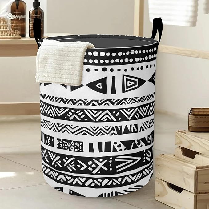 Black White Flowers Laundry Basket-Large Foldable Hamper Holder Portable Tall Collapsible Laundry Hamper Storage Basket Bin with Handles, Canvas & Waterproof lining for Household Items