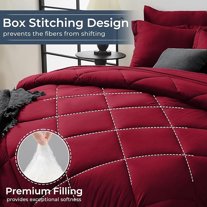 HEVUMYI Red Queen Comforter Set - 7-Piece All Season Bed in a Bag Queen, Ultra Soft Bedding Set with Comforter, Flat Sheet, Fitted Sheet, Pillowcases, Pillow Shams