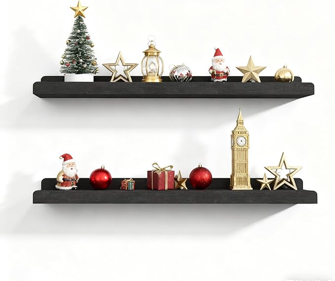 Love-KANKEI Floating Shelves Wall Mounted Set of 2, 24 Inch Wood Storage Wall Shelves for Bedroom Living Room Bathroom Kitchen Office and More Black