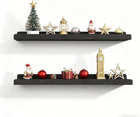 Love-KANKEI Floating Shelves Wall Mounted Set of 2, 24 Inch Wood Storage Wall Shelves for Bedroom Living Room Bathroom Kitchen Office and More Black