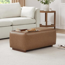 CHITA Storage Ottoman with Tray Lids, FSC Certified Small Rectangular Bench for Living Room, Bedroom, Faux Leather in Saddle Brown