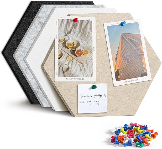 12" Large Bulletin Board with 15 Push Pins, Pack of 4 Hexagon Felt Pin Board Notice Boards for Home Office, Felt Wall Tiles for Photos Memos (Camel Grey)