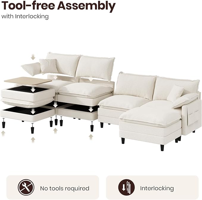 143" U Shaped Modular Sectional Cloud Couch with Two Ottoman, Snap-on Easy Installation 6-Piece Deep Seat Sofa with Storage Bag and Coffee Table for Living Room, Corduroy, Beige