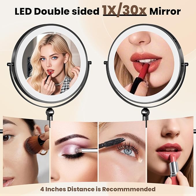 Rocollos 9-Inch Large Makeup Mirror with 30X Magnification, Rechargeable Wall Mounted Vanity Mirror with Lights, 3 Color Dimmable LED, Touch Screen & Retractable Arm-Black (9INCH-Black)