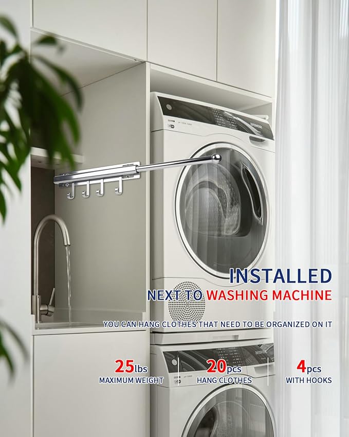 12 inch Valet Rod for Closets Pull Out Closet Valet Rod Slide Out With 4 Hooks Silver Pull Out Clothes Hanger