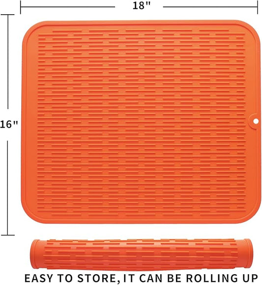 Silicone Dish Drying Mat for Multiple Usage,Easy clean,Eco-friendly,Heat-resistant Silicone Mat for Kitchen Counter or Sink,Refrigerator or Drawer Liner Orange XL 18 inches x 16 inches