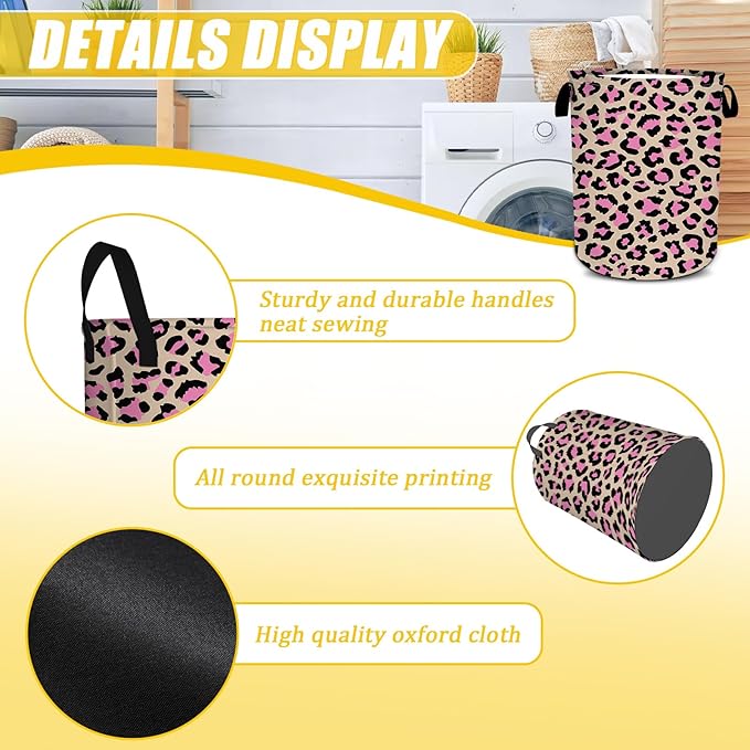 Brown Pink Leopard Laundry Basket,Foldable Oxford Cloth Funny Tote Bag Laundry Hamper Clothes Storage Bucket Toy Organizer For Bathroom Laundry Storage Bedroom 18.9x16.5