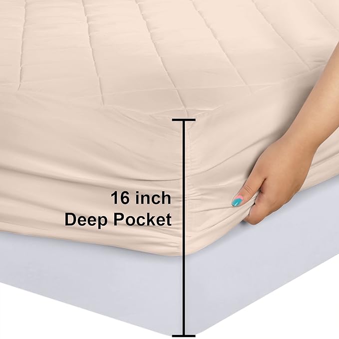 Utopia Bedding Quilted Fitted Mattress Pad, Full Size, Elastic Fitted Mattress Topper Protector and Cover Stretches up to 16 Inches Deep, Machine Washable (Beige)