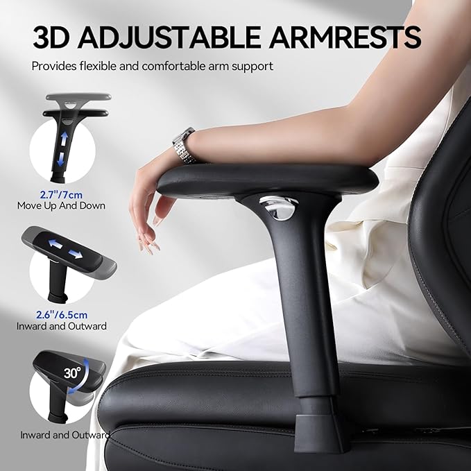 EMIAH Ergonomic Office Chair with Foot Rest Reclining Office Chair with Adjustable Arms and Headrest High Back Gaming Chair with Lumbar Support, PU Leather（Black）