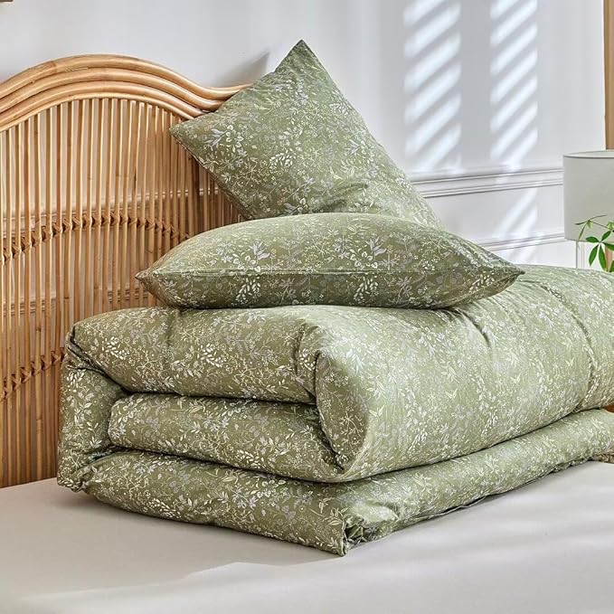 MKXI Vintage Style Comforter Set Queen Size Wildflower Comforter Set Floral Bedding Set Green Floral Duvet Comforter Microfiber Bed Set Soft Reversible Farmhouse Comforter Army Green