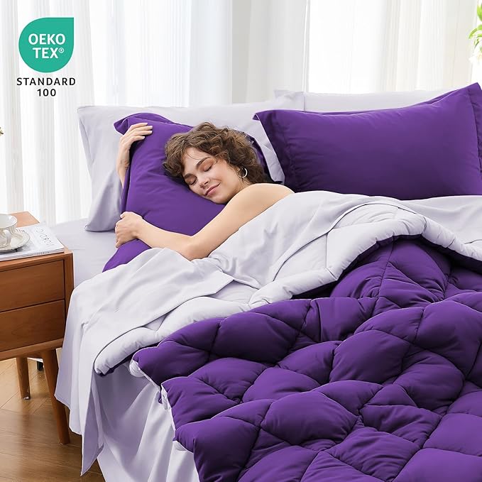 MUXHOMO 5 Pieces Twin Comforter Set, Reversible Bed in a Bag Twin Size, All Season Bedding Set with Comforter, Flat Sheet, Fitted Sheet, Pillowcases & Shams, Purple & Lavender