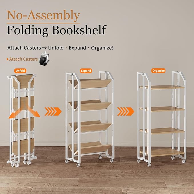 No Assembly Double-Sided Folding Bookshelf for Living Room, 4 Tier Collapsible Book Shelf for Home Office, Portable Bookcase Storage Organizer