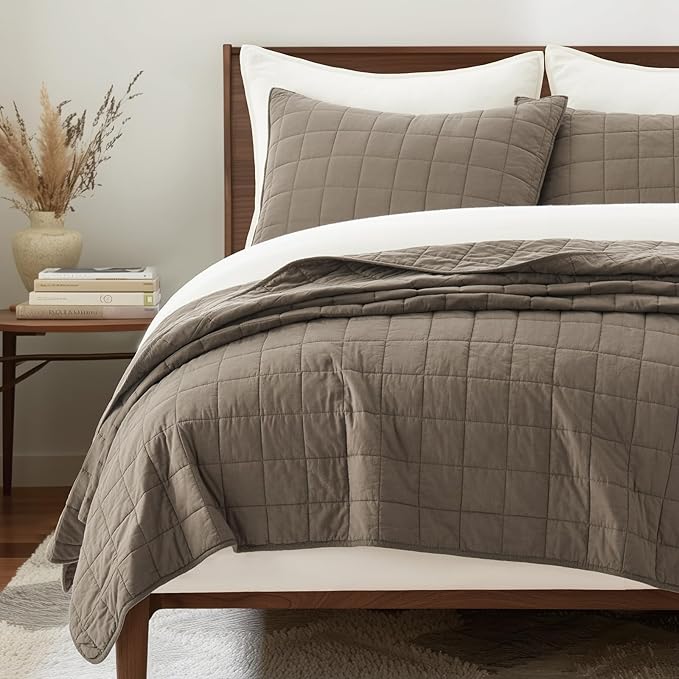 EVERGRACEHOME 100% Cotton Box Stitch Quilt Bedding Set King Size 3 Pieces, Garment-Washed Lightweight Soft Cozy Coverlet, Oversized Quilted Bedspread Sets with 2 Shams for All Season, Mocha Brown