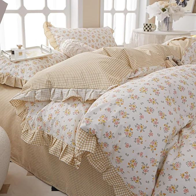 MKXI Queen Size Pink & Yellow Floral Ruffled Comforter Set - 3 Piece Cottagecore Style Reversible Bed Set with Beige Plaid Pattern, Soft Aesthetic Bedding Set for Girls Wome