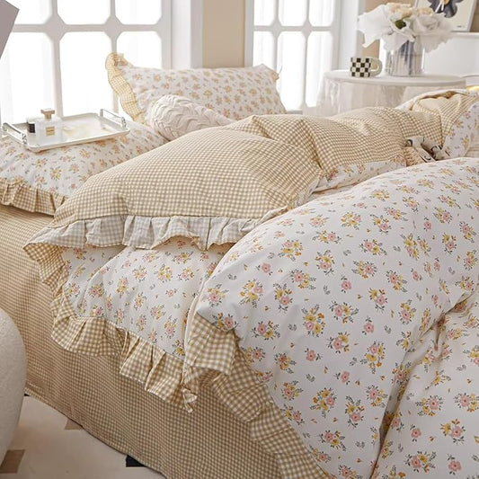MKXI Queen Size Pink & Yellow Floral Ruffled Comforter Set - 3 Piece Cottagecore Style Reversible Bed Set with Beige Plaid Pattern, Soft Aesthetic Bedding Set for Girls Wome
