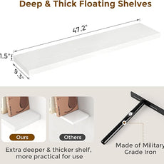 Fun Memories Farmhouse Floating Shelves for Wall, 48 x 9.3 Large Floating Shelf Wall Mounted, Rustic Wood Shelves for Bathroom, Kitchen, Living, Heavy-Duty Storage Deep Shelf for Books, Decor, White