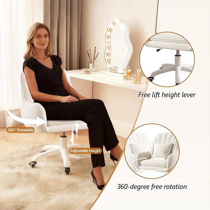 Cute Home Office Chair Velvet Upholstered Desk Chairs with Mid Back Swivel Adjustable Makeup Vanity Computer Chair with Wheels