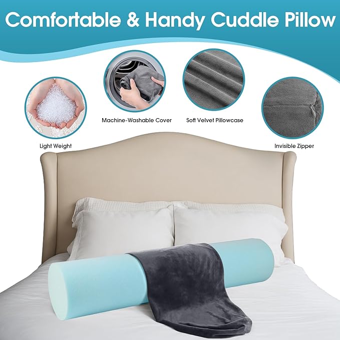 Memory Foam Body Pillow for Bed, Long & Big Full Body Pillows for Adults, Multifunctional Bolster Pillows with Removable & Washable Velvet Cover, Cylindrical Side Pillow (55.12"*7.9")