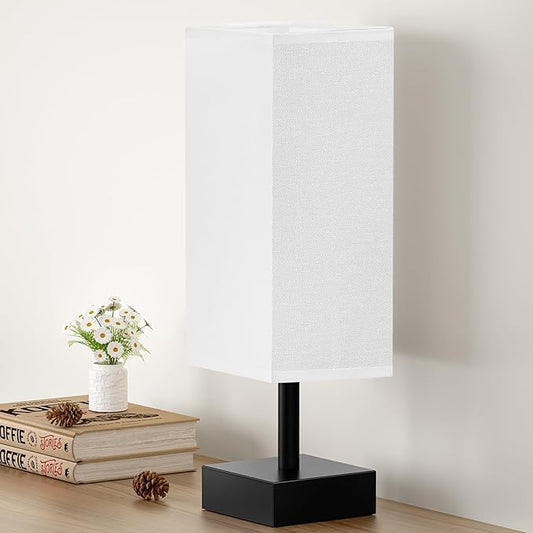 White Small Table Lamp - Bedside Lamp for Bedroom, Minimalist Nightstand Lamp with Silver Base, Desk Lamp for Kids Room Dorm
