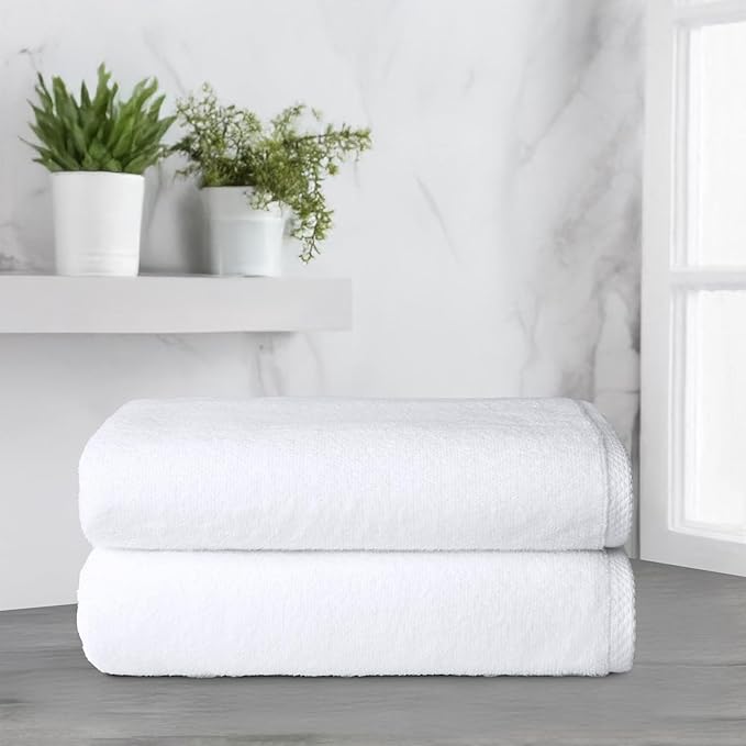 Amazon Basics 2 Piece Lightweight Quick-Dry Bath Towel, 100% Cotton, White, 54" x 30" (Pack of 12)