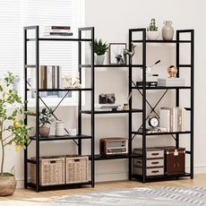 NUMENN Triple Wide 4 Tier Bookshelf, Adjustable Rustic Industrial Style Bookcases with 11 Open Display Shelves, Modern Tall Bookcase Furniture for Bedroom, Living Room and Home Office, Black