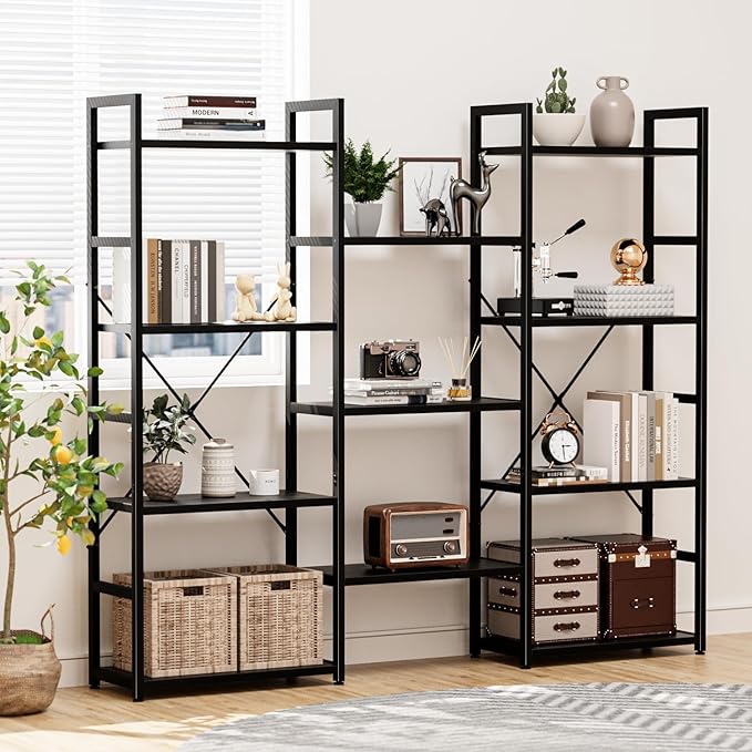 NUMENN Triple Wide 4 Tier Bookshelf, Adjustable Rustic Industrial Style Bookcases with 11 Open Display Shelves, Modern Tall Bookcase Furniture for Bedroom, Living Room and Home Office, Black