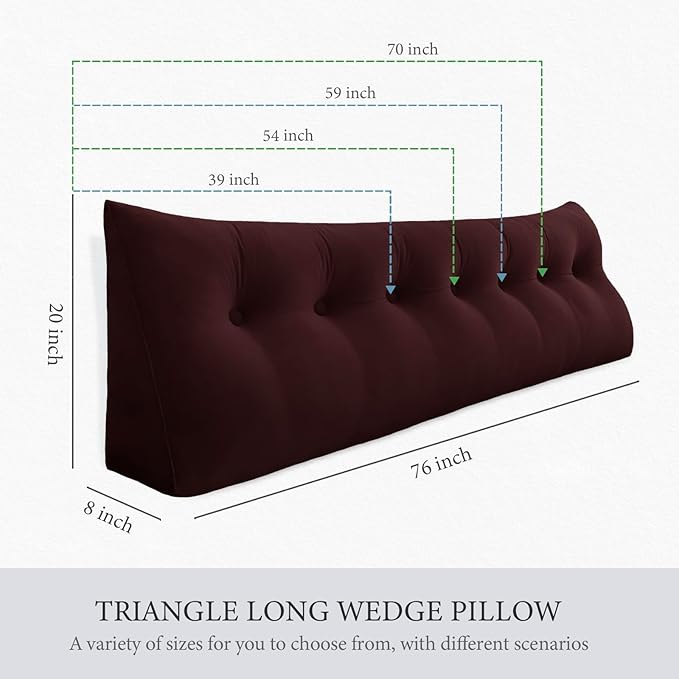 11 lbs Thickened Queen Headboard Pillow for Sitting Up in Bed, Back Support Reading Pillow with Side Pocket and Velvet Removable Cover, Triangular Large Wedge Headboard Pillow