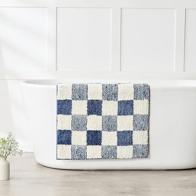 CozeCube Bath mats for Bathroom Non Slip, Fluffy Absorbent Microfiber Bath mat Washable, Aesthetic Bathroom Rugs, Large Navy Blue Checkered Bath mat, Navy Blue, 36" x 24"