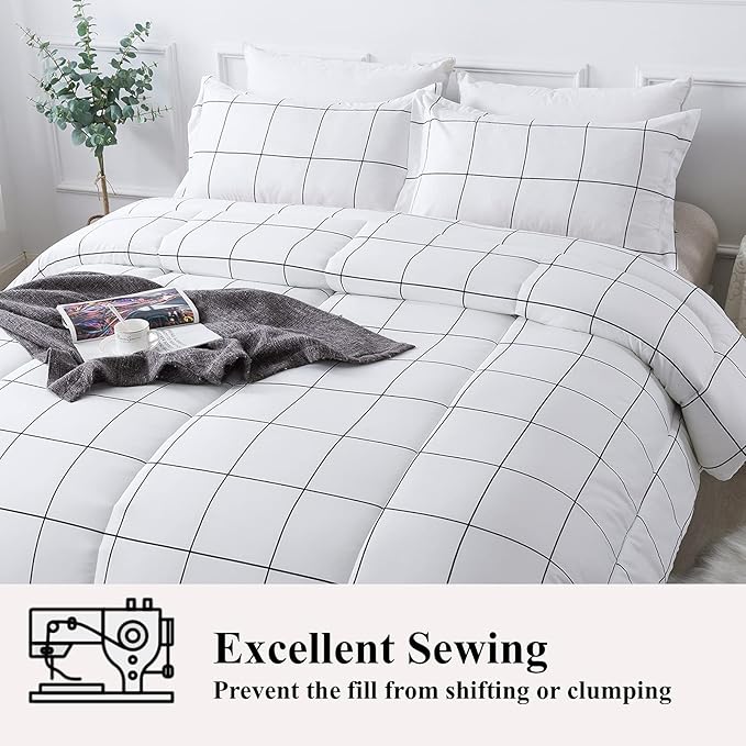 Andency White Grid Comforter Set Twin/Twin XL(66x90Inch), 2 Pieces (1 Plaid Comforter and 1 Pillowcase) White Plaid Comforter Set, Lightweight Microfiber Gingham Geometric Comforter Bedding Set