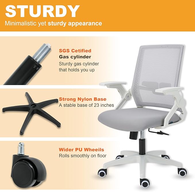 Your Perfect Home Office & Study Companion: Ergonomic Mesh Chair with Adjustable Lumbar, Flip-Up Arms & Tilt Lock - Modern Grey, 400lb Capacity, Durable & Comfortable