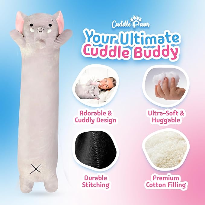 Elephant Plush Body Pillow for Kids | Long Stuffed Animal Cuddle Pillow | Soft Hugging Toy | Plushie Gift for Girls & Boys | Long Plush Body Pillow for Sleep & Comfort | Medium, 35 Inches