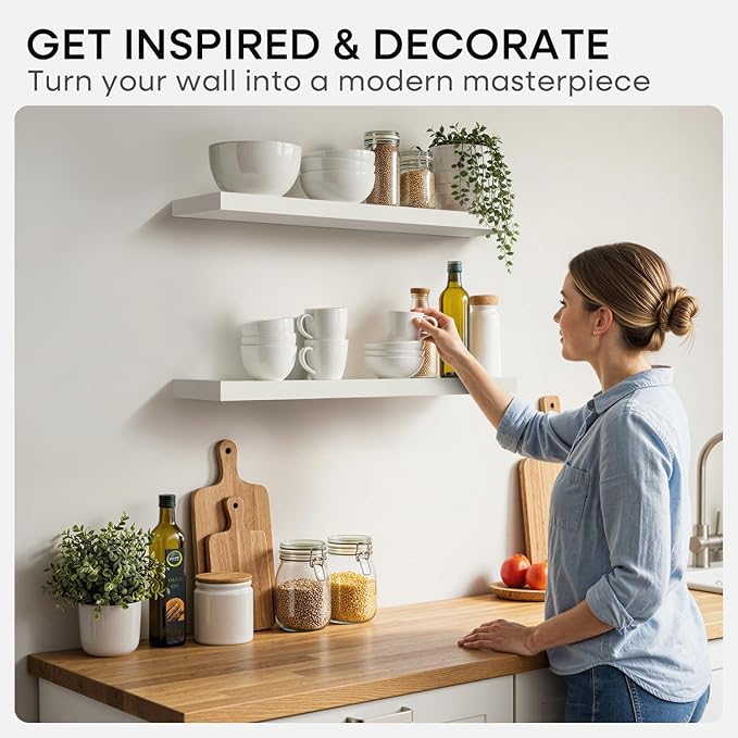 Homeforia White Floating Shelves 24 inch, High End Solid Real Wood 24inch Bathroom Floating Shelf for Wall Mounted, White Wooden 24in Floating Shelves, Heavy Duty Bracket, 24 X 6.5 X 1.75 in, Set of 3