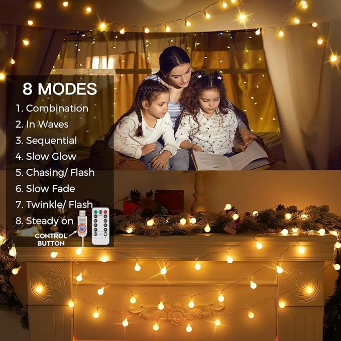 suddus Globe String Lights Bedroom, 50 Led Fairy Lights Plug in, Indoor String Lights for Classroom, Christmas, Backyard, Patio, Garden, Party, Bedroom, Living Room,Wall, Warm White