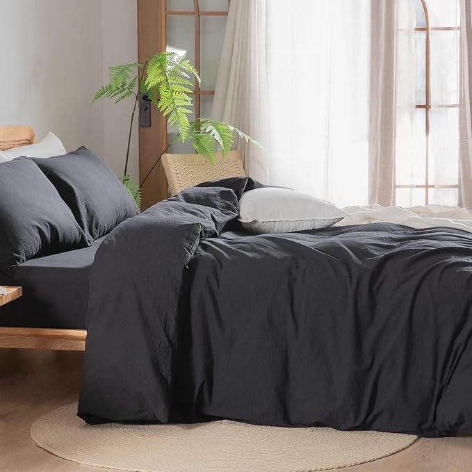 BESTOUCH Duvet Cover Set 100% Washed Cotton Linen Feel Super Soft Comfortable Chic Lightweight 3 PCs Home Bedding Set Solid Deep Black Alaska King