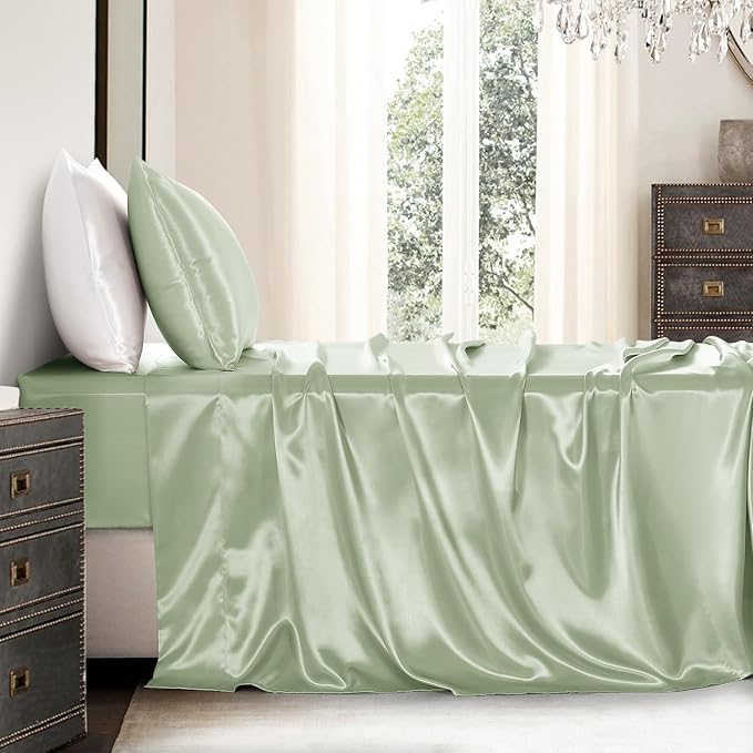 Satin Sheets Twin XL Size - 3 Pieces Luxury Silky Soft Bed Sheets, Wrinkle-Free Sage Green Satin Silk Sheet Set with 1 Deep Pocket Fitted Sheet, 1 Flat Sheet, 1 Pillow Case