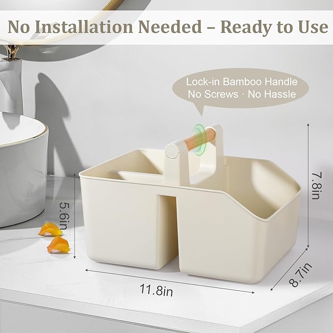 rejomiik Portable Shower Caddy Basket with Bamboo Handle, Plastic Cleaning Caddy Bathroom Organizer Tote for College Dorm Essentials, Bath Toy Storage, Cream