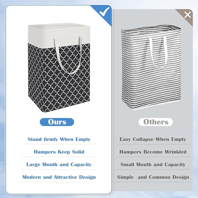 BlissTotes 3-Pack Laundry Basket, Freestanding＆Waterproof Laundry Hamper, Collapsible Tall Clothes Hamper with Easy Carry Handles for Clothes, Towels in the Family and Dorm,Clover Black,75L