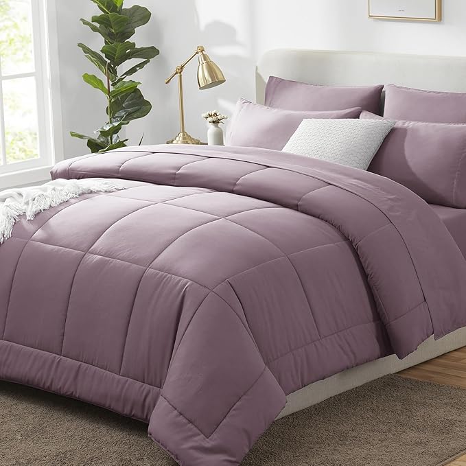 CozyLux Queen Size Comforter Set Dusty Purple - 7 Pieces Bed in a Bag Dusty PurpleComforter Queen Size, Bedding Set with All Season Quilted Comforter, Flat Sheet, Fitted Sheet, Pillowcases