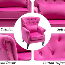 Mid Century Accent Chair Modern Button Tufted Armchair Wingback Club Chair Velvet Single Sofa Lounge Chair with Pillow for Living Room Bedroom, Rose Pink