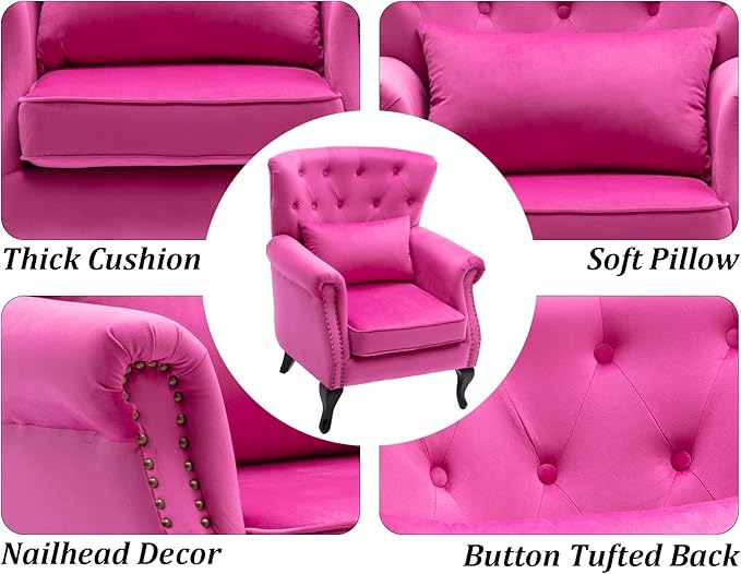 Mid Century Accent Chair Modern Button Tufted Armchair Wingback Club Chair Velvet Single Sofa Lounge Chair with Pillow for Living Room Bedroom, Rose Pink
