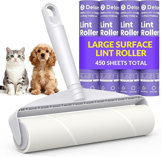 9.45” Large Surface Lint Roller: DELOMO Extra-Wide Sticky Roller for Pet Hair - Cleans Faster on Couches, Beds, Carpets, Clothing, Furniture & Car Seats - 450 Sheets Total - Ideal for Pet Homes