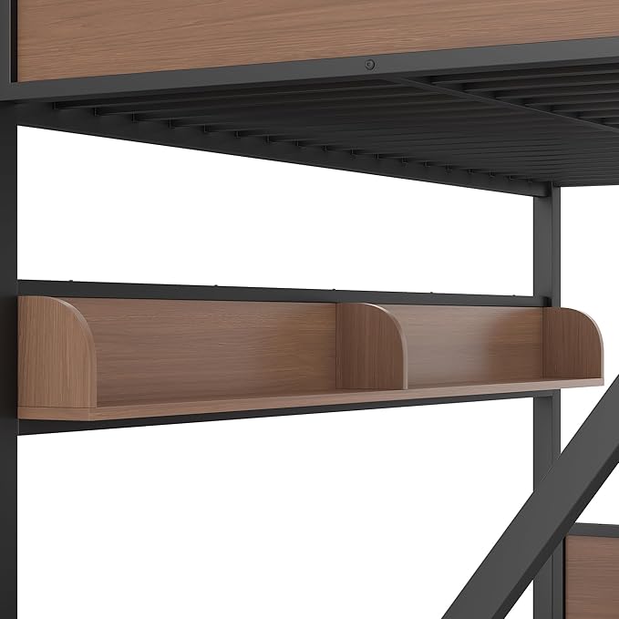 Queen over King Bunk Bed with Storage Shelves, Metal Bunk Beds with Ladders and LED Lights, Heavy-duty Bunkbed for Bedrooms, Guest Rooms and Dorms, No Box Spring Needed and Noise-free Design, Black