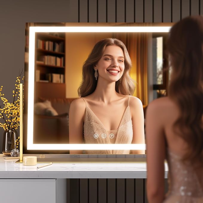 Hasipu Vanity Mirror with Lights, 25.6" x 21.3" LED Makeup Mirror, Light up Mirror with 10X Magnification, USB Charging Port, Smart Touch 3 Colors Dimmable, 360° Rotation (Gold)