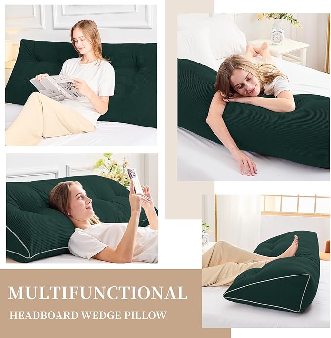 Sasttie Headboard Pillow Queen, Wedge Pillow Headboard for Sitting Up in Bed, Back-Rest Support Triangular Cushion for Reading - Features Removable Washable Cover, Green