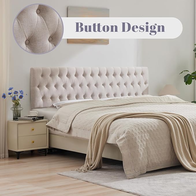 Kingfun Cal King Size Headboard Only, Modern Button Tufted Headboards, Premium Linen Fabric Upholstered Headboard with Wooden Legs, Adjustable Solid Wood Head Board, Beige