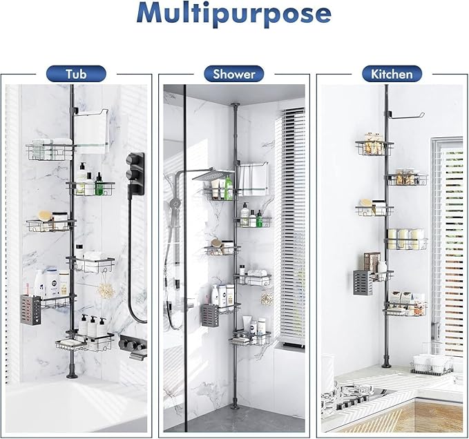 Shower Caddy Corner Organizer Tension Pole Adjustable 30-120 Inches Corner Shelf with Towel Rack, Toothbrush Holder, Soap Dish for Bathroom Organizers and Storage