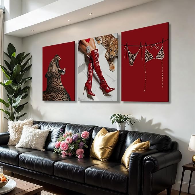 XLYFVLGF 3Pcs Red Fashion Leopard Canvas Wall Art Cheetah Wall Decor Pictures Stylish long boots print Bikini Painting Artwork for Living Room Bedroom Bathroom Corridor Home Decoration 16x24in