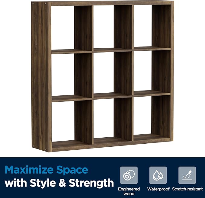 9-Cube Storage Organizer, Wooden Cube Shelf Bookcase with Reinforced Thick Shelves, Heavy-Duty 36.93" L x 9.37" W x 36.93" H, for Living Room Bedroom Home Office, Brown
